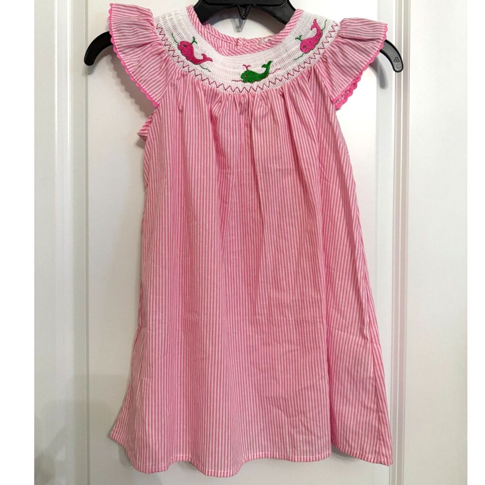 Marie Nicole Girls Pink Seersucker Smocked Whale Dress – Size L – New With Tags